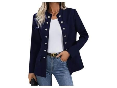 OMZIN Mujer Casual Botón De Manga Larga Stand Cuello Blazers Slim Fit Color Sólido Chaqueta De Estilo Militar