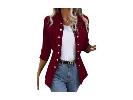 OMZIN Mujer Casual Botón De Manga Larga Stand Cuello Blazers Slim Fit Color Sólido Chaqueta De Estilo Militar