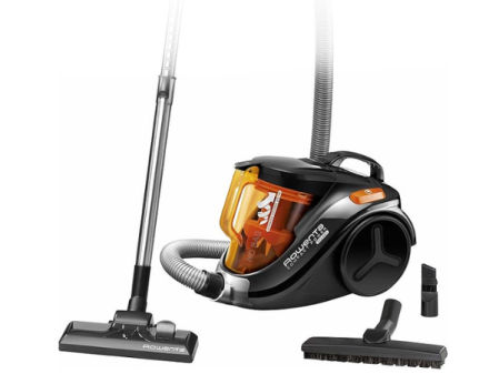 Aspiradora con bolsa Rowenta de color negro con accesorios incluidos.