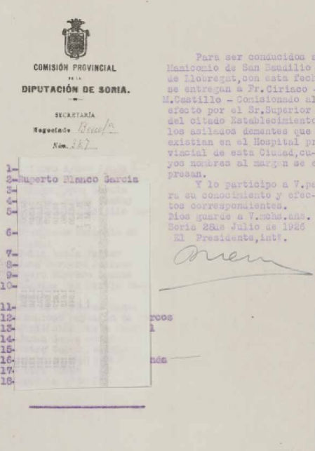 Ficha de traslado de Ruperto Blanco y 17 personas más, de Soria a Sant Boi.