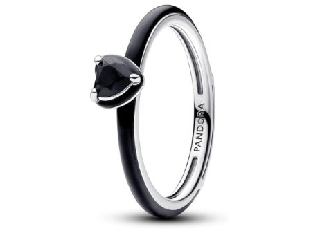 Anillo de Pandora en plata con detalle negro y piedra oscura en engaste minimalista