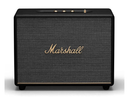 Altavoz Marshall negro con rejilla frontal y logotipo dorado