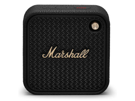 Altavoz Marshall portátil compacto con rejilla frontal y detalles dorados