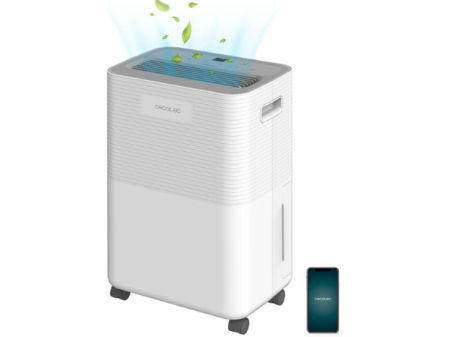 Deshumidificador Cecotec blanco con ruedas, depósito de agua y control mediante app.