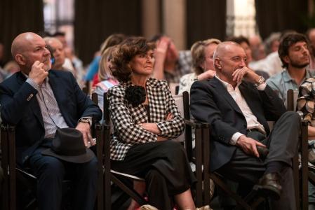 Jesús Vigorra, Carmen Calvo y Pérez-Reverte en una edición anterior de Letras en Sevilla. Calvo retiró ayer su participación en la convocatoria de este año 