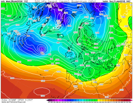 Situación Sinóptica para el sábado 31 de enero del modelo ECMWF a 500 hPa
