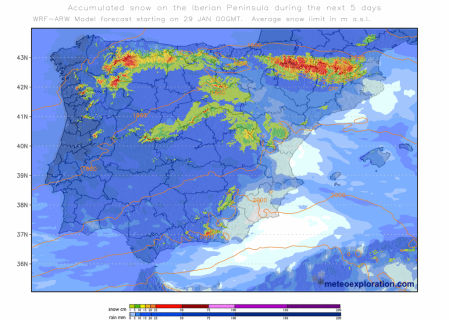 Mapa de nieve y lluvia acumulada para los próximos 5 días en la Península Ibérica. Modelo WRF-ARW.