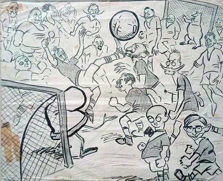 Los trabajos de Picarol para diferentes revistas en muchas ocasiones hacía referencia a la actualidad política, como este partido Barcelona Madrid jugado por políticos