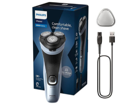 Afeitadora eléctrica Philips Serie 3000X con caja original, cable de carga USB y tapa protectora.