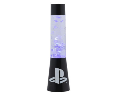 Lámpara líquida PlayStation con iconos flotantes iluminados en color azul y base negra con el logo de PlayStation