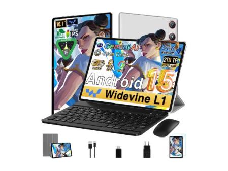 Tablet 10 Pulgadas Android 15 Gemini AI con 64GB ROM + 2TB TF, Octa-Core, 5G WiFi, Widevine L1, GMS, Bluetooth 5.0, 5MP+ 8MP, 3.5mm Audio, 1280 * 800 FHD IPS, Tablet con Teclado y Ratón, Plateado