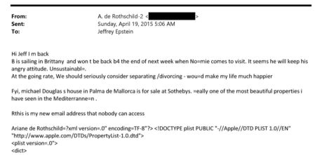 Correo entre Jeffrey Epstein y Ariane de Rothschild en el que se menciona la casa de Michael Douglas.