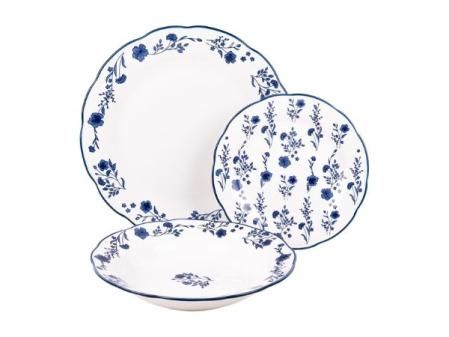 Cofan Vajilla de porcelana esmaltada | Juego de 18 piezas | Diseño floral azul y blanco | Apta para lavavajillas, microondas y horno