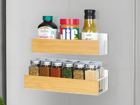 Estante magnético para especias para nevera, paquete de 2 estantes magnéticos blancos para refrigerador, estantes magnéticos de madera para nevera, estante de especias de bambú para