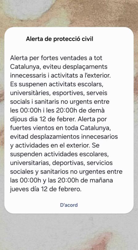 Alerta móvil de protección civil por los vientos en Catalunya 11/02/2026