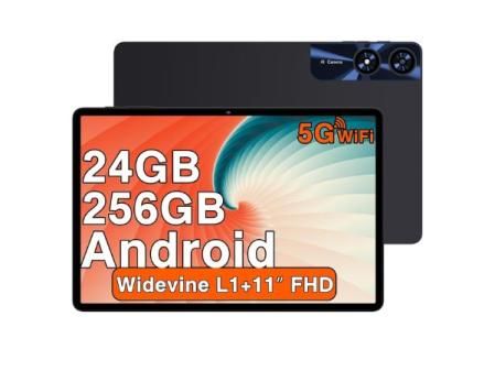 2026 Newest Tablet 11 Pulgadas Android con 24GB RAM + 256GB ROM (2TB TF), Octa-Core 2.0 GHz, Widevine L1, 5G WiFi, Bluetooth 5.0, 8000mAh, 5MP + 13MP, 1280 * 800, Facial ID, Tablet con Funda - Negro
