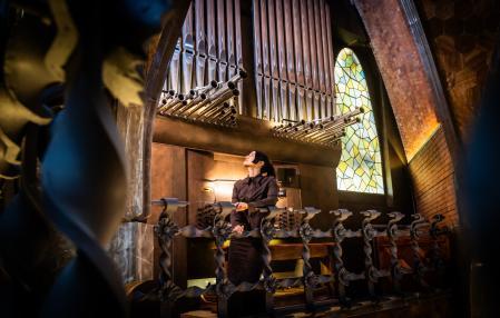 Maria Arnal observa el órgano del Palau Güell, ubicado a 10 metros de altura en el salón de entrada