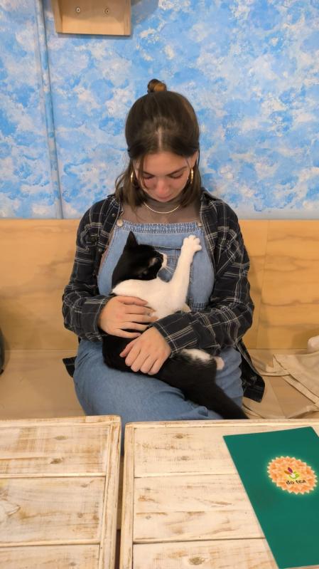 Una clienta del ‘cat café’ juega con uno de los gatos.&nbsp;
