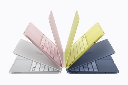Los cuatro colores disponibles del MacBook Ne: plata, rosa nube, cítrico e índigo 