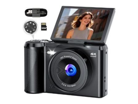 Camara de Fotos Digital 4K Profesional: 56MP Cámara Digital con Molette de Modo Pantalla Abatible 180° - Camaras Compacta con 32GB Tarjeta - 16X Zoom Camara para Principiantes Niña Niños Chico