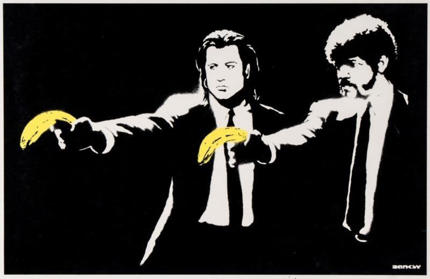 Pulp Fiction - Banksy. Parece en un primer momento una obra desenfadada, rindiendo homenaje a la película y a otros aspectos de la cultura popular. De hecho, Banksy utiliza el humor para socavar subversivamente las ideas de guerra y violencia, transformando la escena en algo inofensivo e incluso gracioso.