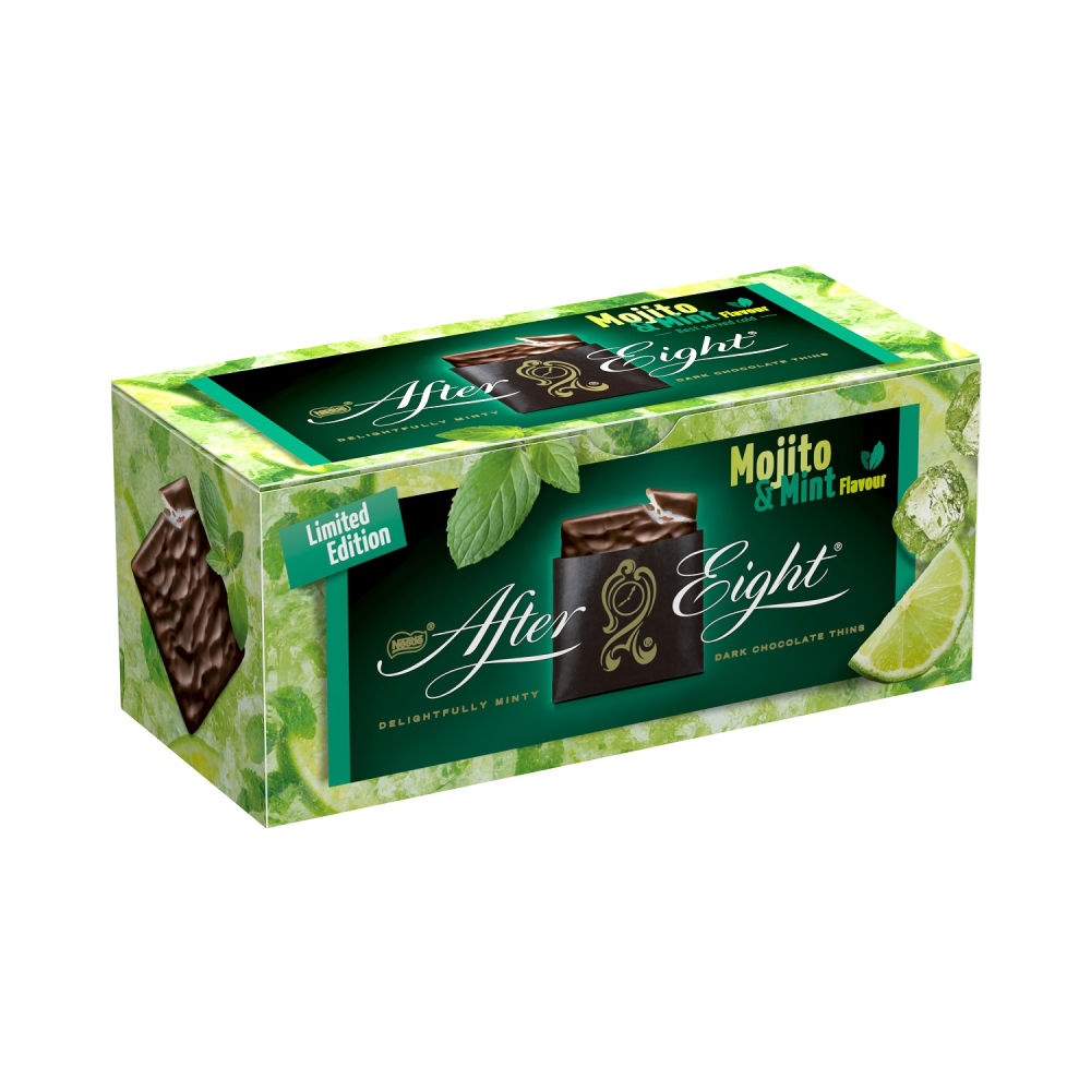 AFTER EIGHT Un leve giro a la tradición: After Eight  sorprende este año con sus láminas de chocolate negro con relleno de menta y con sabor a mojito