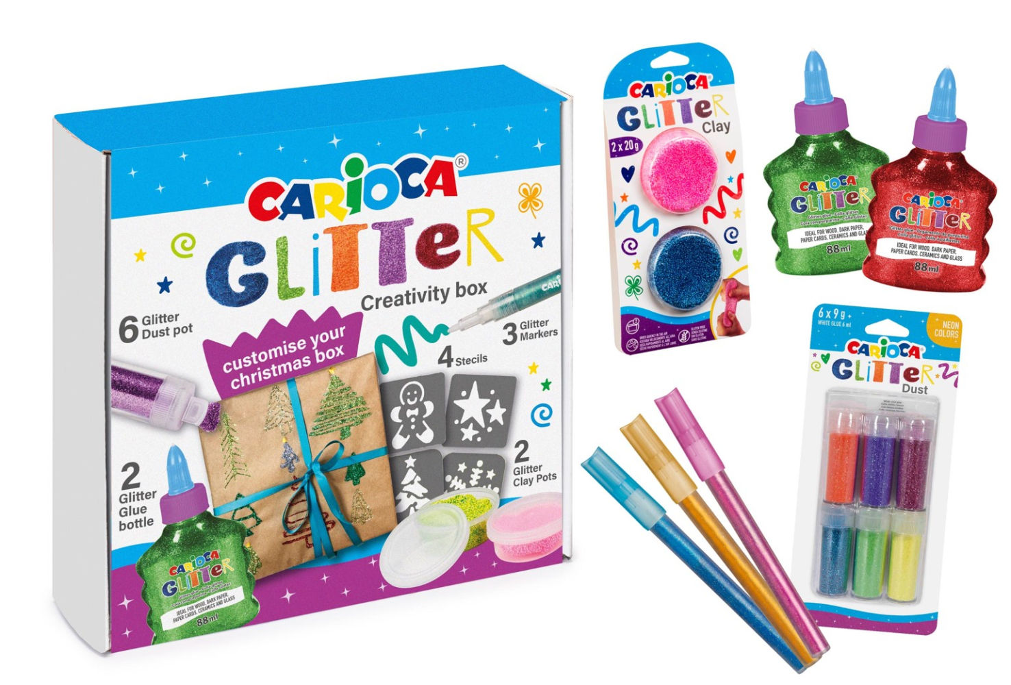 Caja creativa, que contiene 3 rotuladores para pintar y decorar con efecto brillantina, pasta de moldear súper ligera, elástica y maleable -efecto brillantina-, 2 botes de cola y 6 frascos de polvitos coloreados, efecto glitter. Incluye también 4 pequeñas plantillas con diferentes motivos, para decorar incluso los envoltorios de los regalos de Navidad.