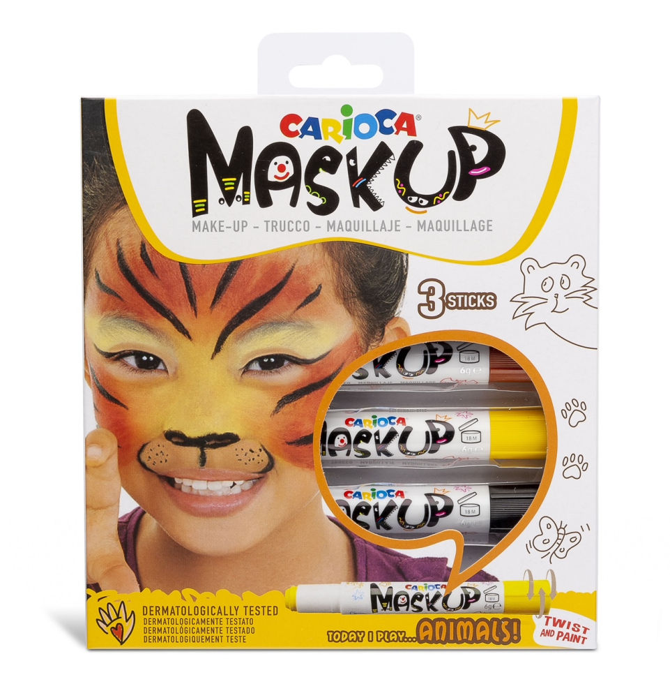 Colores para la piel, Mask Up Animals. Caja de 3 colores para la piel brillantes, lavables y base agua, dermatológicamente testados. Precio 6,76 € de Carioca.