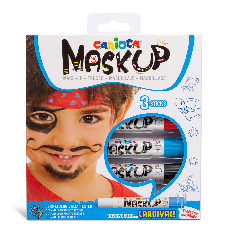 Colores para la piel, Mask Up Carinval. Caja de 3 colores para la piel en barra, brillantes, lavables y base agua, dermatológicamente testados. Precio 6,76 € de Carioca.