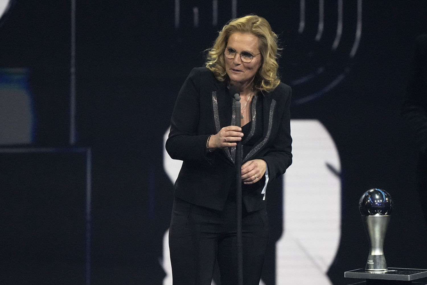 Dutch coach of the England women's soccer team Sarina Wiegman speaks after receives the Best FIFA Women's coach award during the ceremony of the Best FIFA Football Awards in Paris, France, Monday, Feb. 27, 2023. (AP Photo/Michel Euler)
