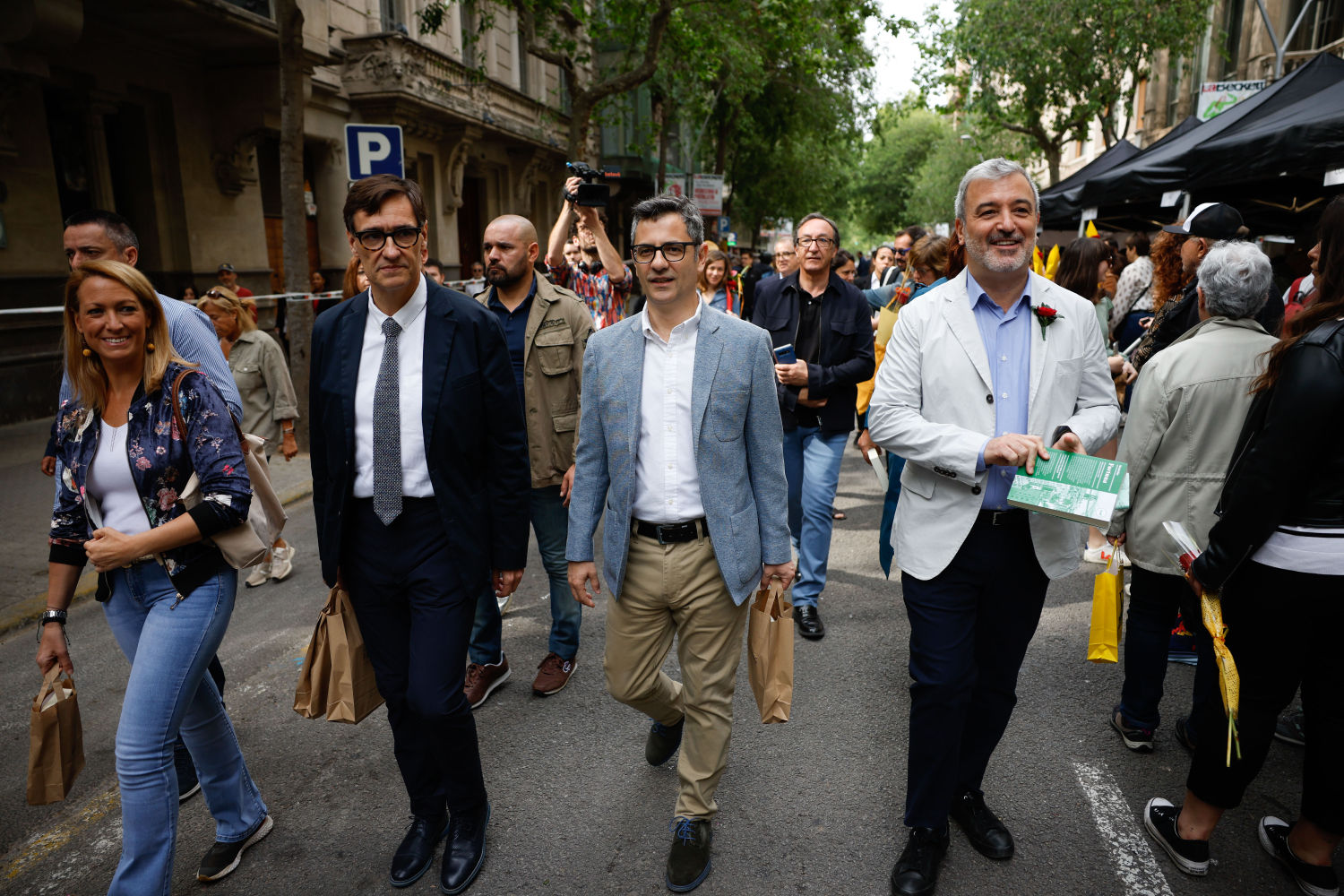 El primer secretario del PSC, Salvador Illa, el ministro de la Presidencia, Félix Bolaños, y el candidato socialista a la alcaldía de Barcelona, Jaume Collboni