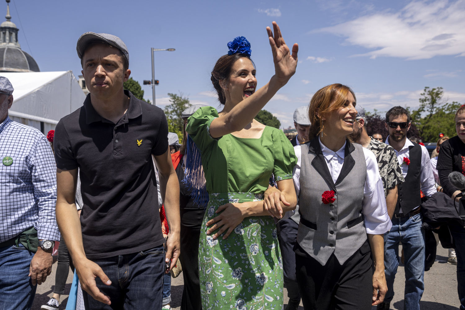 Las candidatas de Más Madrid a la Presidencia de la Comunidad, Mónica García (d), y a la Alcaldía de Madrid, Rita Maestre (c) y el líder de Más País, Íñigo Errejón (i) este lunes La Pradera de San Isidro