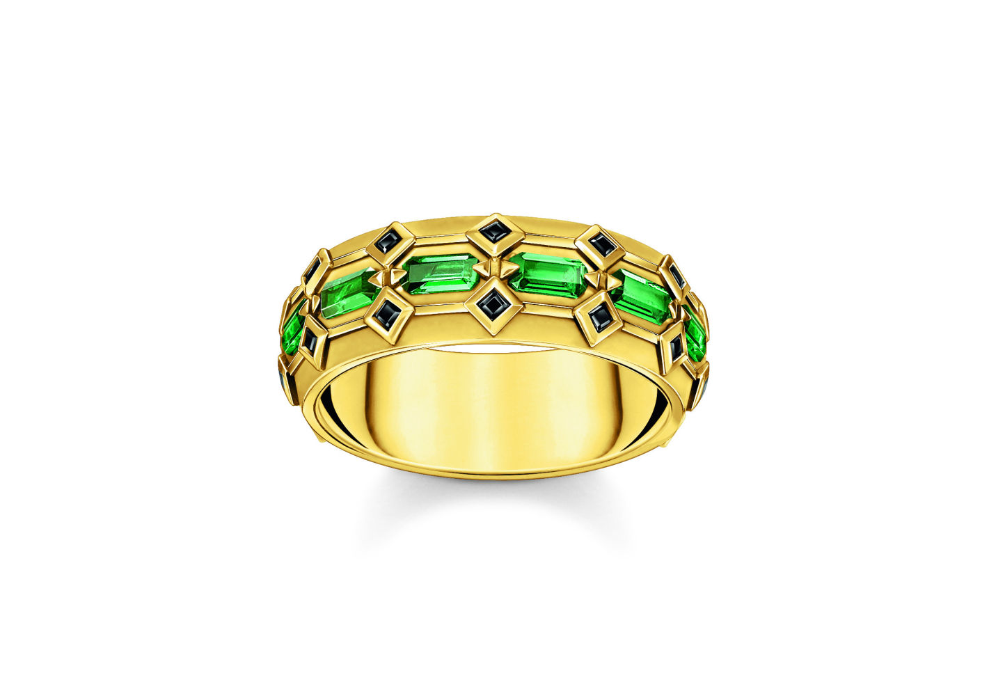 Inspirada por las escamas del cocodrilo y su vibrante color verde, la joyería Thomas Sabo lanza un anillo bañado en oro con una hilera de esmeraldas. La combinación de superficies con acabado mate y pulido crea en la pieza un espléndido relieve