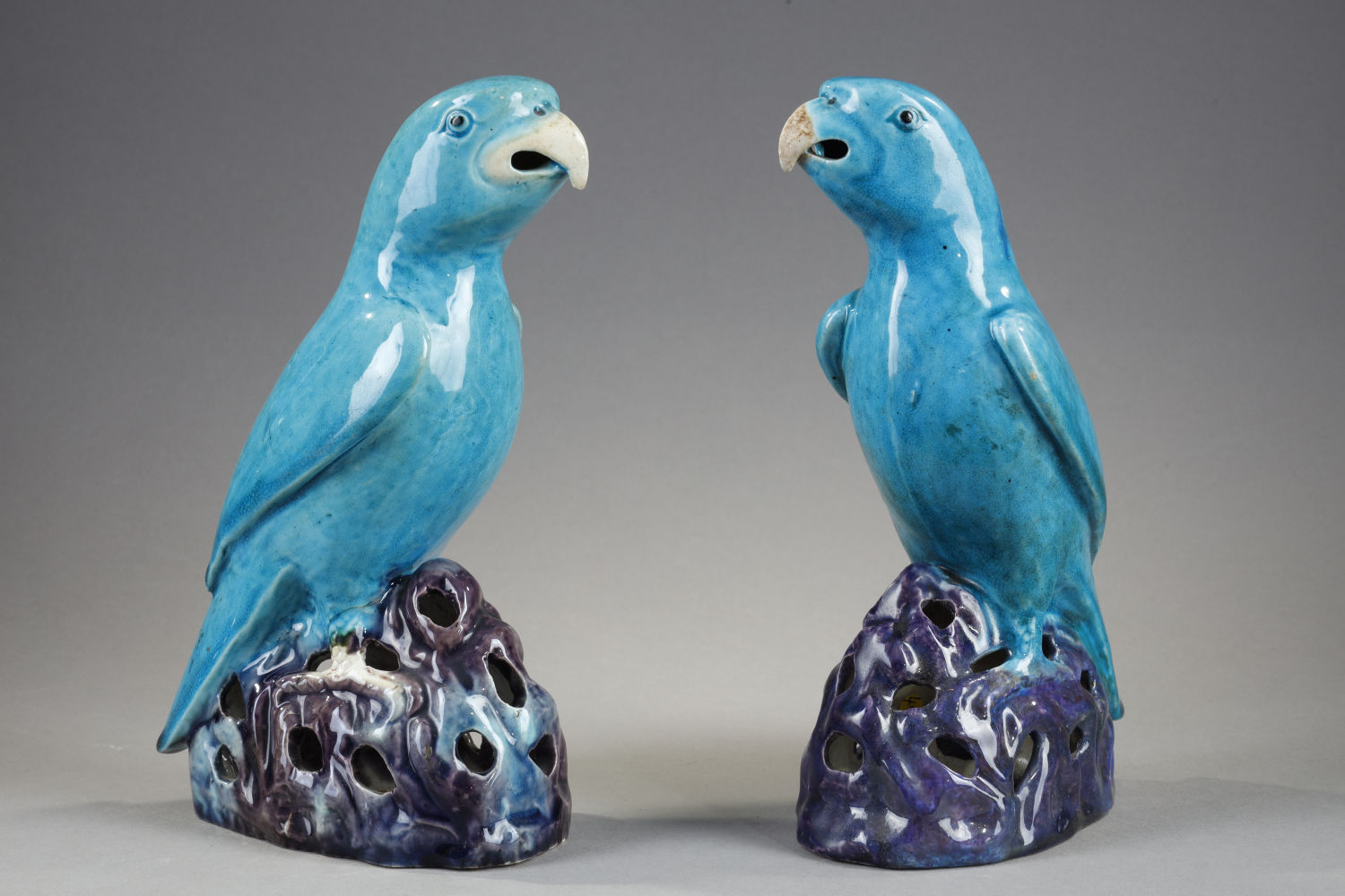 Pareja de cotorras en turquesa y color berenjena sobre piedras agujereadas, periodo chino Kangxi period (1662-1722) en la galería Bertrand de Lavergne