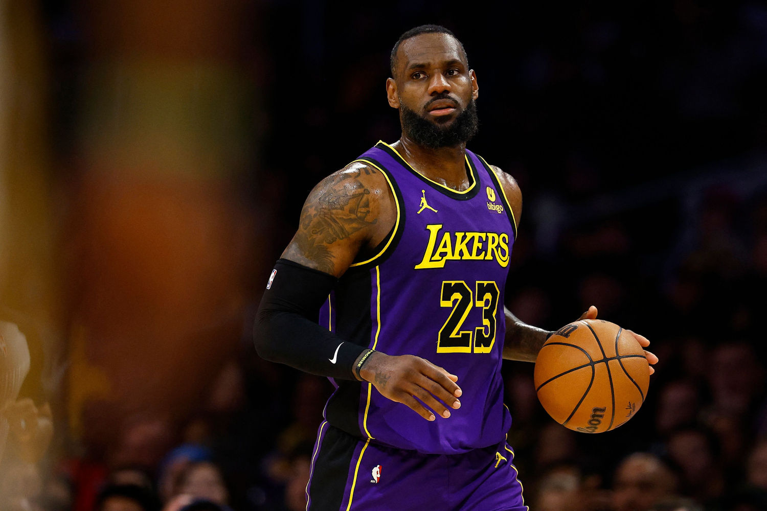 (FILES) LeBron James #23 of the Los Angeles Lakers in the first half at Crypto.com Arena on February 9, 2024 in Los Angeles, California. LeBron James became the first NBA player to reach 40,000 career regular-season points on March 2, 2024, the 39-year-old superstar scoring nine against defending champion Denver to achieve the milestone. (Photo by RONALD MARTINEZ / GETTY IMAGES NORTH AMERICA / AFP)