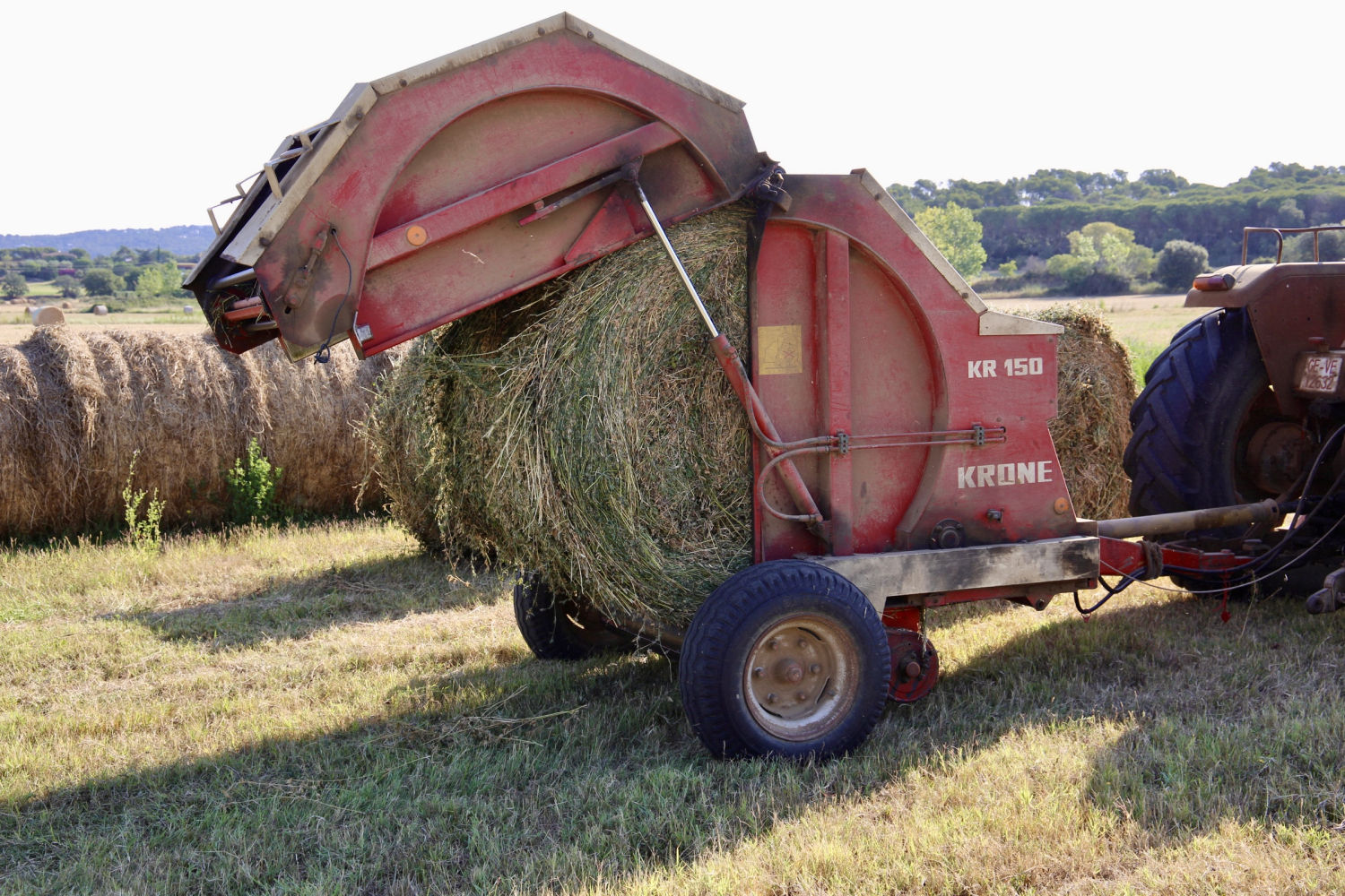 Empacando balas de paja en un campo de Palafrugell.