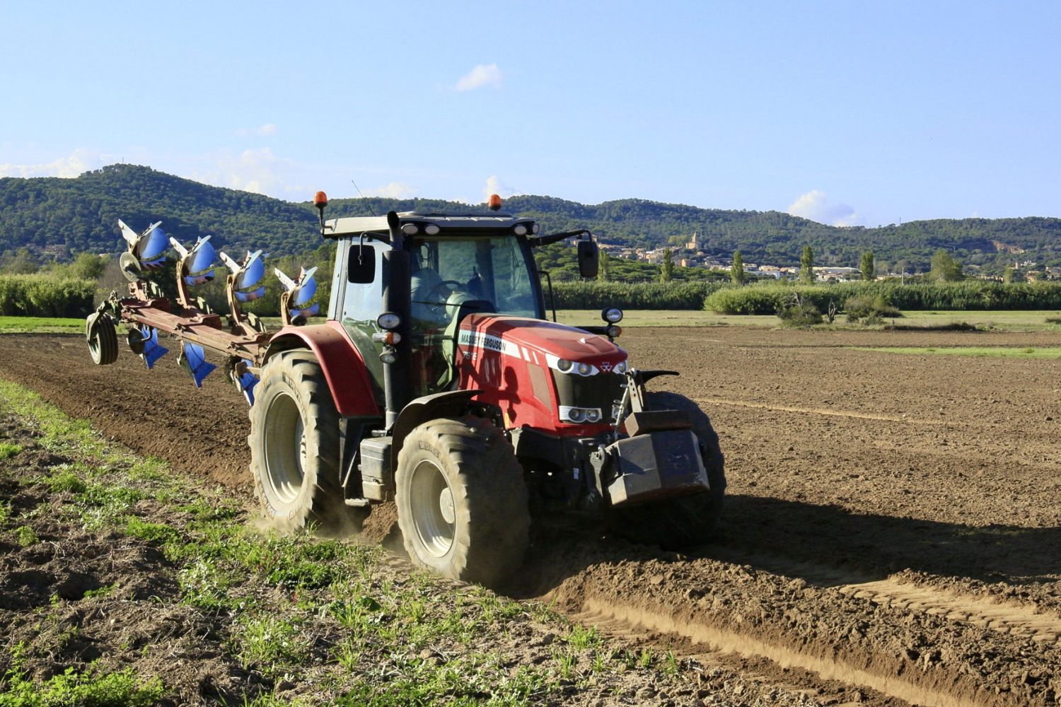 Tractor trabajando en la siembra de la colza en Palafrugell.