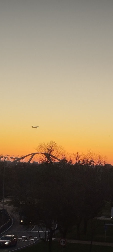 Cielo crepuscular con el avión.