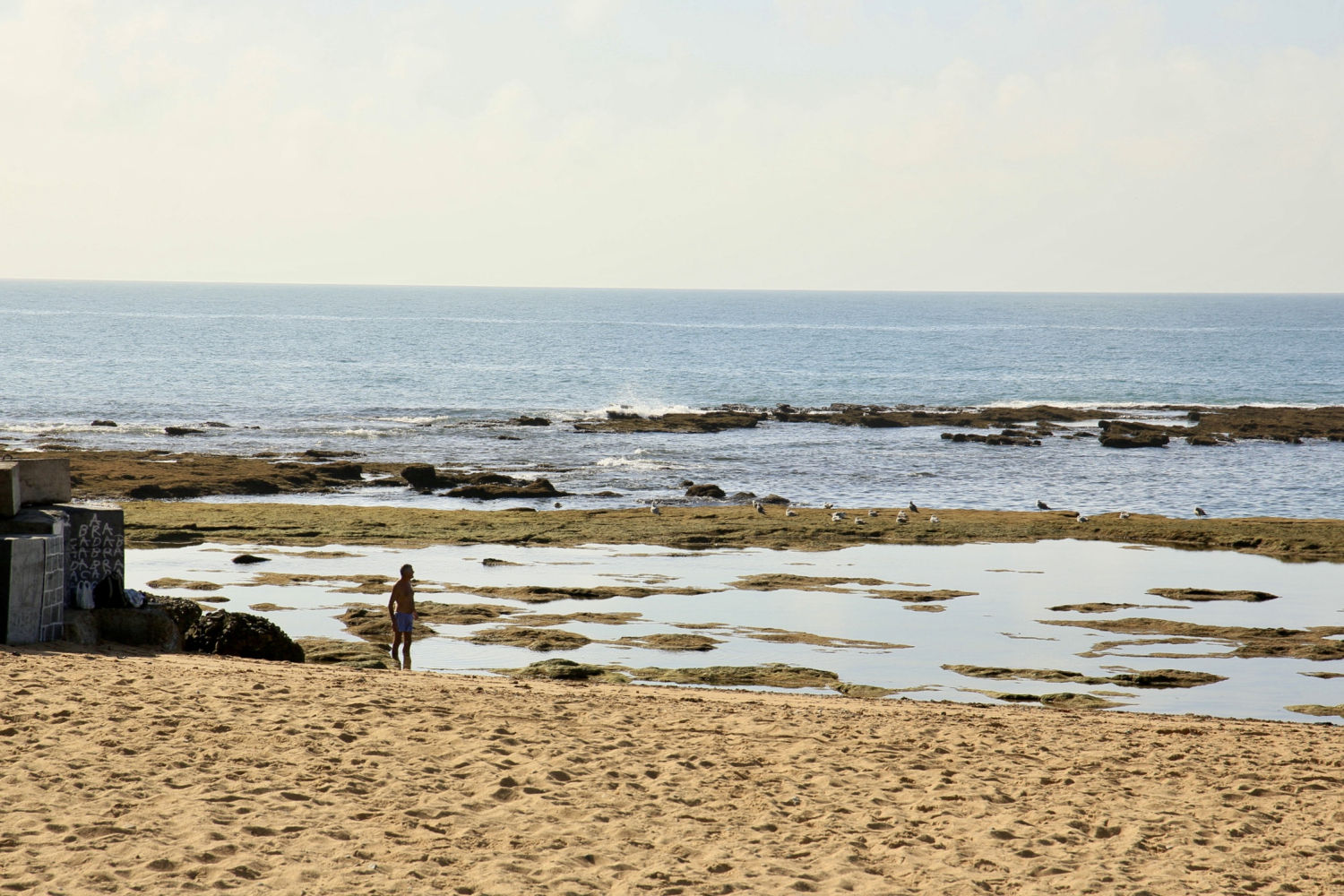 Paisaje de playa de bajamar en Cádiz.
