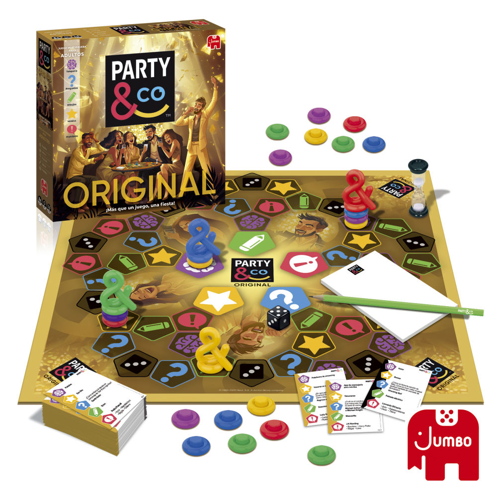 Party & Co. Original. El clásico multiprueba con las cinco categorías de siempre: preguntas, dibujos, mímica, palabras prohibidas y un, dos, tres. Ideal para jugar con amigos. PVP: 29,95 €