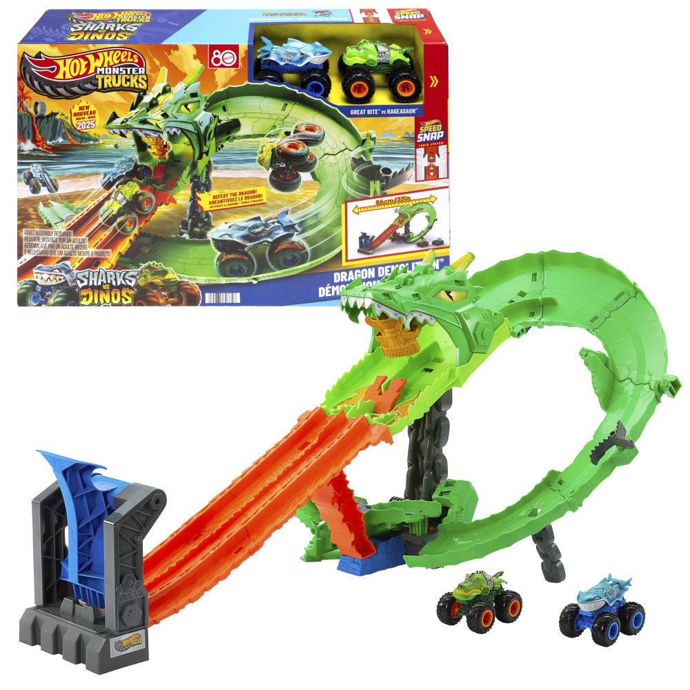 Hot Wheels Pista MonsterTrucks  Sharks Vs Dinos Destrucción del Dragón, PVPR 49,99€ (+4 años)