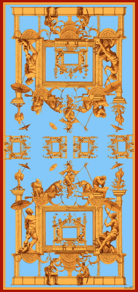 Pañuelo de autor. Fular Chinoiserie, de cachemira, seda y lana, del pintor Ignacio Goitia