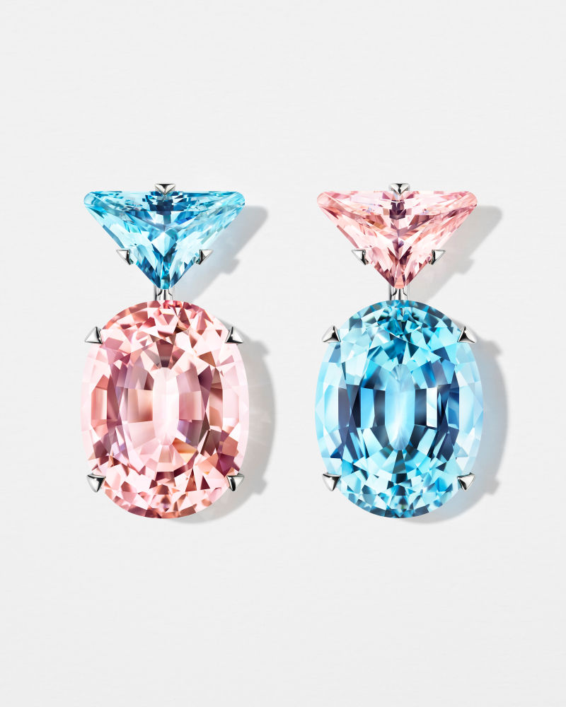 Color vibrante Pendientes y anillos de la colección Coleur Vivante, de oro blanco y combinaciones de piedras preciosas (aguamarina y peridoto o morganita y aguamarina), de alta joyería de Prada