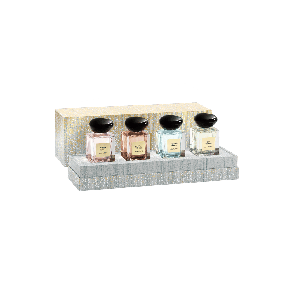 El exclusivo set Armani Privé. Les Eaux reúne cuatro miniaturas de algunas de las mejores creaciones olfativas de la casa que reflejan la refinada herencia que deja el diseñador