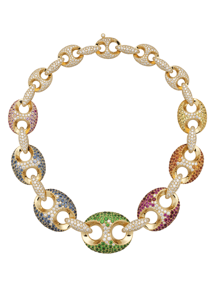 El mítico calabrote de Gucci se viste de arcoíris en un collar sensacional (y su pulsera gemela) engastado en pavé de diamantes para evocar la luz solar y el continuo vaivén del mar