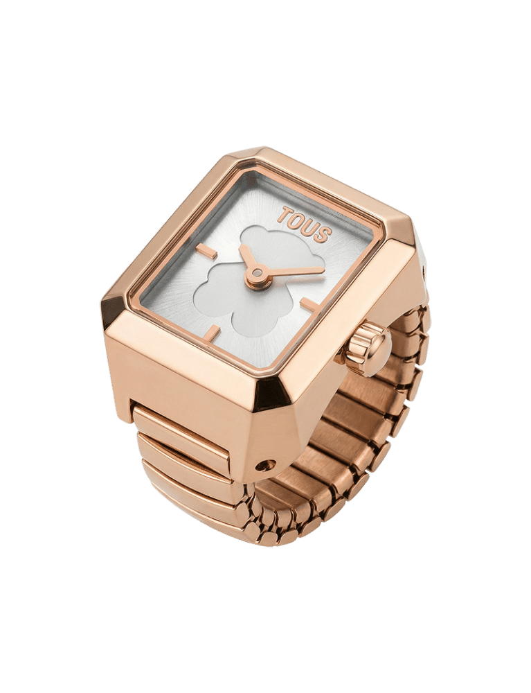 Anillo con reloj analógico incorporado de acero inoxidable y en color oro, oro rosado y plata. Una joya vintage que en el interior de su esfera de metal presenta  el emblemático oso de la firma