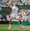 LONDON, ENGLAND - July 14: Roger Federer of Switzerland in action against Novak Djokovic of Serbia during the Men's Singles Final on Centre Court during the Wimbledon Lawn Tennis Championships at the All England Lawn Tennis and Croquet Club at Wimbledon on July 14, 2019 in London, England. (Photo by Tim Clayton/Corbis via Getty Images)