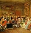 Pintura de Charles Gabriel Lemonnier que representa la lectura de una tragedia de Voltaire, por entonces en el exilio, en el salón literario de madame Geoffrin en París. Entre los personajes reunidos en torno al busto de Voltaire están Rousseau, Montesquieu, Diderot o d'Alembert.