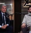El presidente del Barcelona, Joan Laporta, junto al exjugador del Barça Gerard Piqué en el estudio de la Kings League