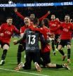 Soccer Football - Copa del Rey - Semi Final - Second Leg - Real Sociedad v RCD Mallorca - Reale Arena, San Sebastian, Spain - February 27, 2024 RCD Mallorca's Dominik Greif and Sergi Darder celebrate after winning the penalty shoot-out REUTERS/Vincent West
